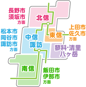 北信・中信・南信・蓼科・清里・八ヶ岳・東信　新宿便路線図